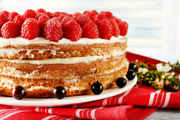 Tasty cake with fresh berries, close up