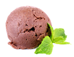 Chocolate ice cream with mint leaf, isolated on white