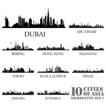 Set of skyline cities silhouettes. 10 cities of Asia #1