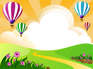 illustration of landscape with  flowers clouds and balloons