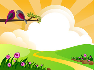 illustration of green landscape with  flowers clouds and birds