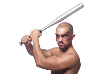 Ripped man with baseball bat on white
