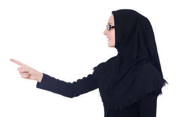 Woman pressing virtual buttons on white