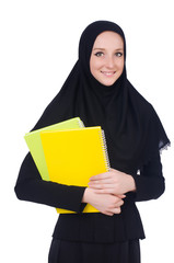 Arab woman student isolated on white