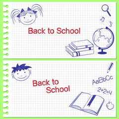 Banners with hand drawn school items on squared notebook paper
