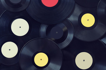 Vinyl disks wall, vintage musical background