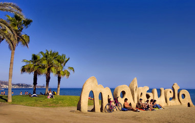 MALAGA, SPAIN - APRIL 20: Malagueta Beach entrance sign welcomes - 66564428