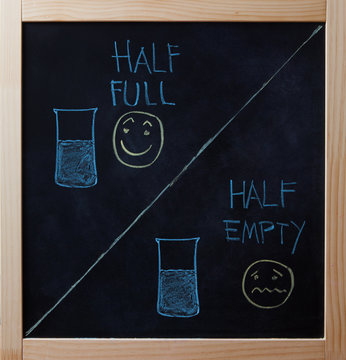 Half Full And Half Empty Concept Drawn On Blackboard