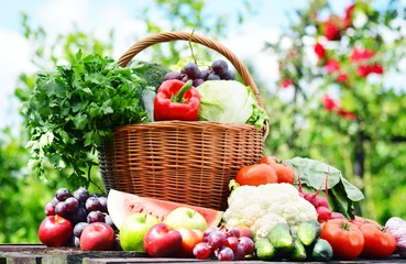 Stickers pour porte Légumes Légumes biologiques frais dans un panier en osier dans le jardin