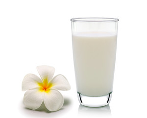 Obraz na płótnie Canvas glass of milk and Tropical flowers frangipani (plumeria) isolate
