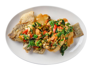 Fried fish with chilli and spices, delicious food Thailand style