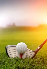 Abwaschbare Fototapete Golf Golfschläger und Ball im Gras