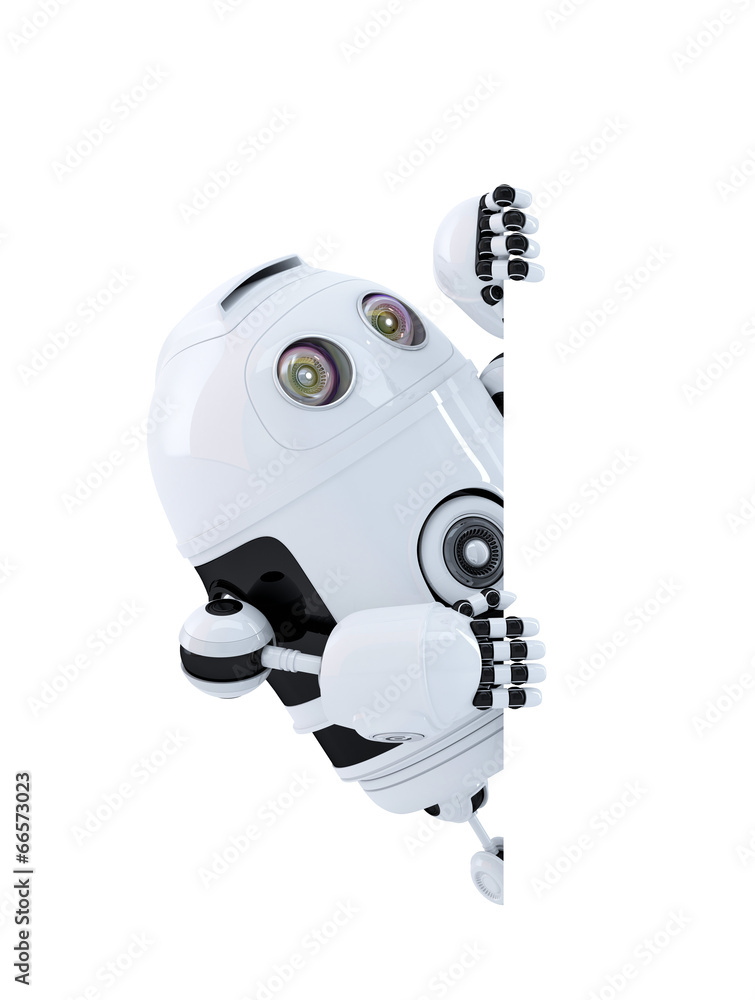 Poster robot looking at blank banner. isolated. clipping path