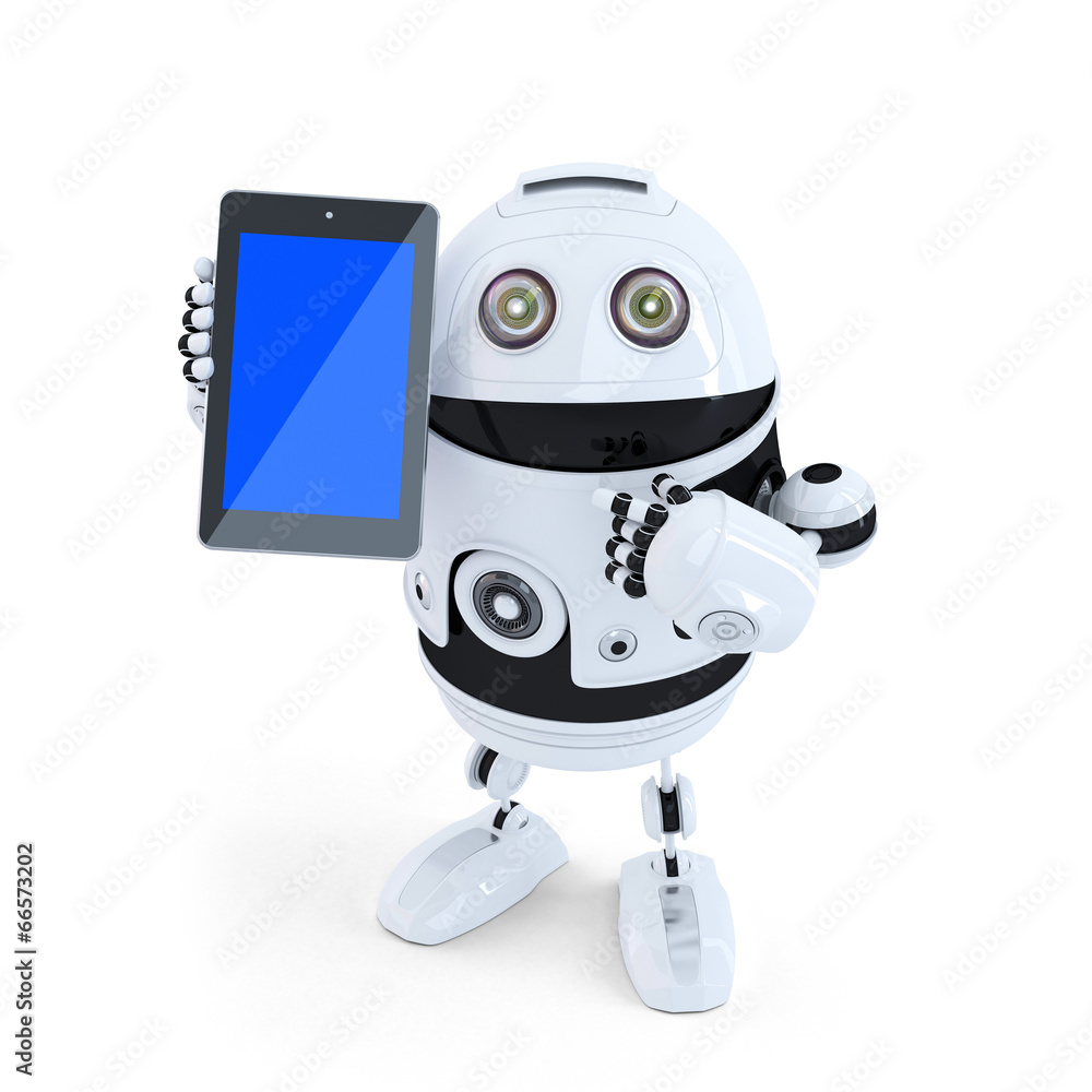 Poster robot holding a tablet. isolated. contains clipping path