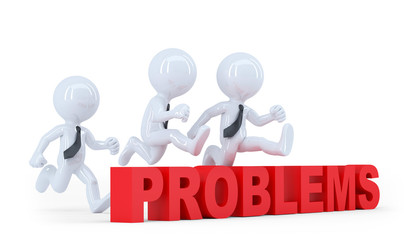 Business team jumping over a hurdle obstacle problems. Isolated
