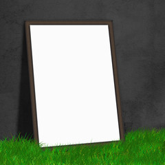 white paper lean on black wall on the grass floor,white Mock up