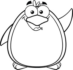 Black And White Funny Penguin Cartoon Mascot Character Waving