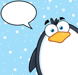 Cute Penguin Character Looking From A Corner With Speech Bubble