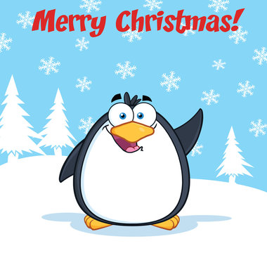 Merry Christmas Greeting With Funny Penguin Character Waving