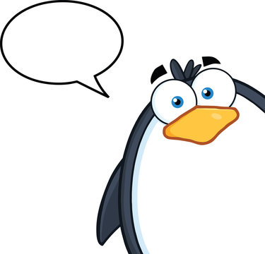 Cute Penguin Character Looking From A Corner With Speech Bubble