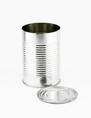 Open Tin can and cap on white background