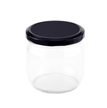 Glass jar with navy cap on white background