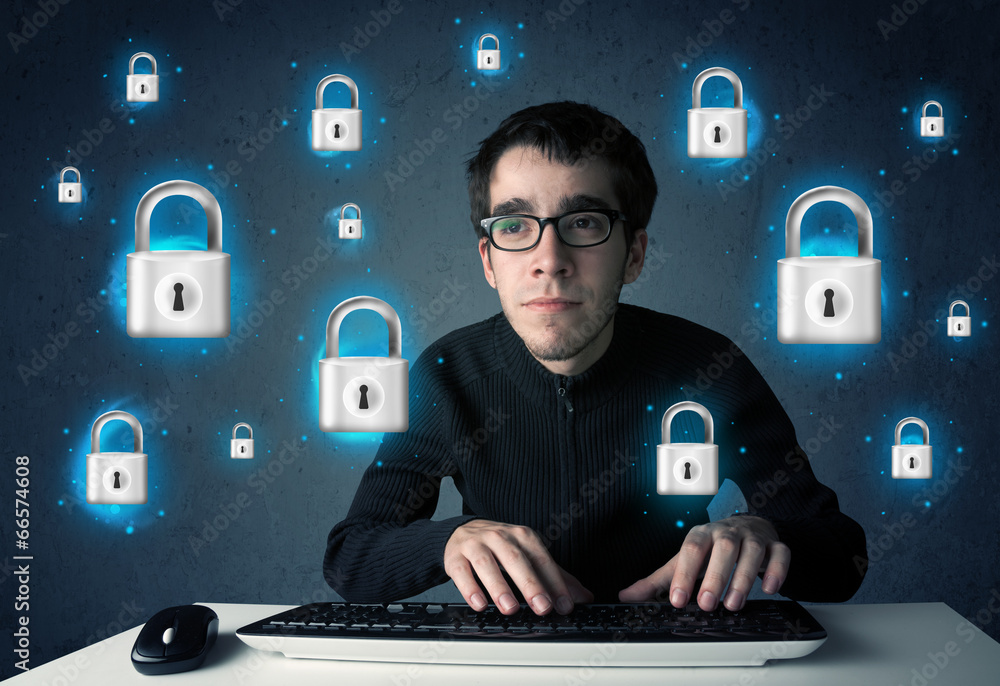 Poster young hacker with virtual lock symbols and icons
