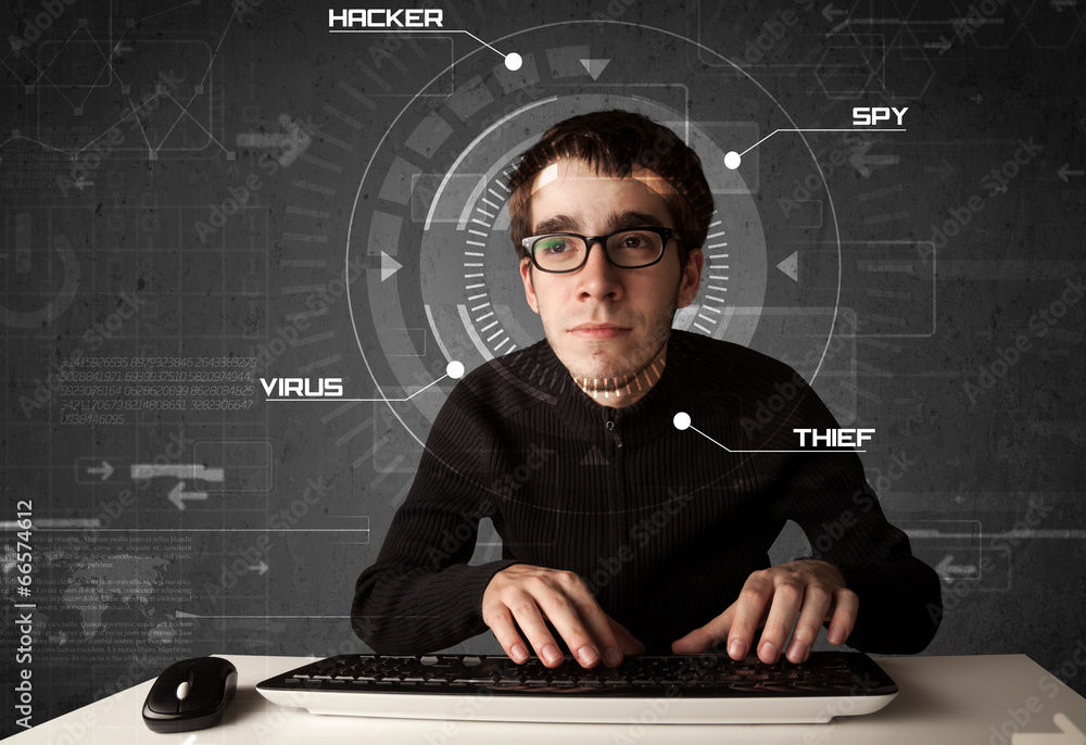 Poster young hacker in futuristic enviroment hacking personal informati