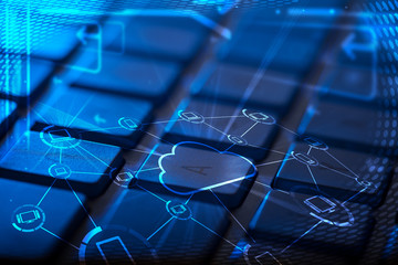 Keyboard with glowing cloud technology icons