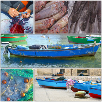 Collage - Typical fishing boat night in the little port
