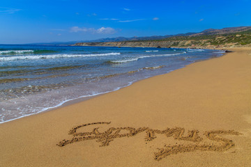 Cyprus written on sandy Golden Beach near Polis, Cyprus