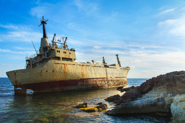 Fototapeta premium Wreckage in warm sunset light near Paphos, Cyprus