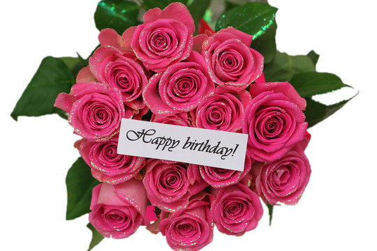 Happy birthday card with pink roses bouquet isolated on white