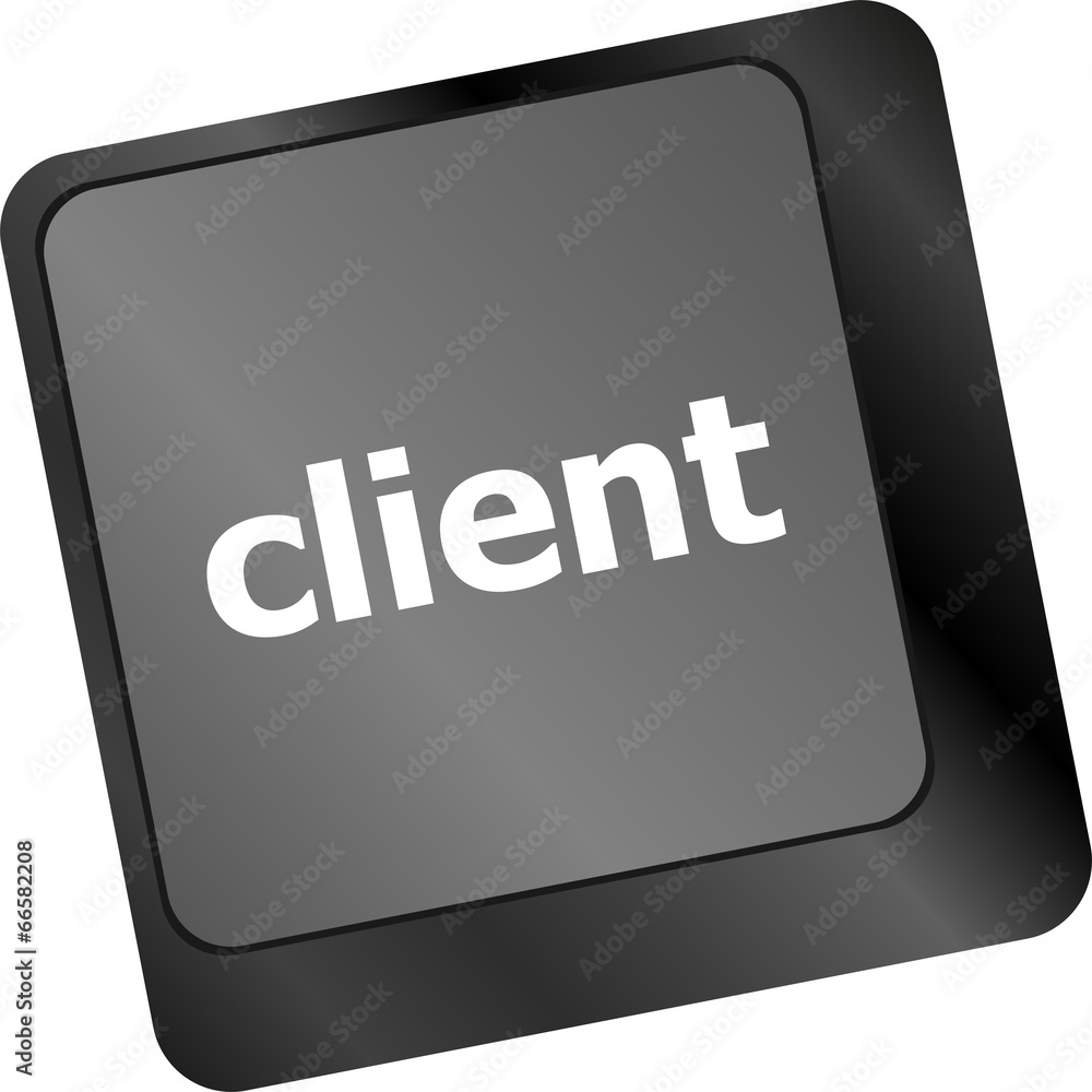 Poster customers service. button on computer keyboard with word clients