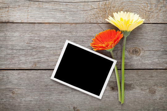 Two colorful gerbera flowers and photo frame