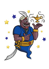 Cartoon genie with lamp