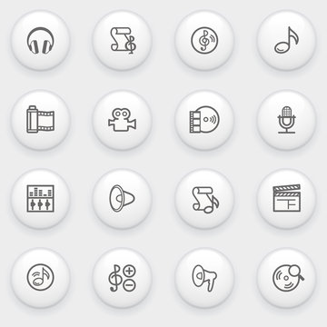 Audio video icons with white buttons on gray background.