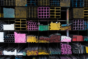 Steel Pipes bunch on the rack in warehouse
