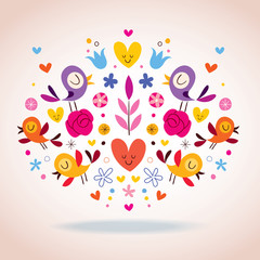 hearts, birds and flowers vector illustration