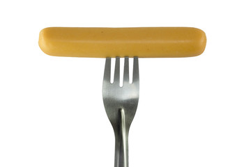 Sausage, prick with a fork. Object on a white background and con