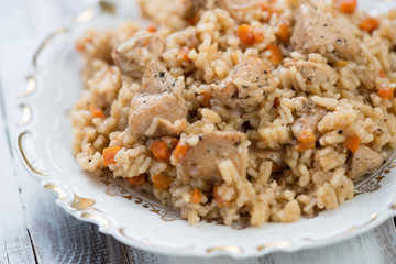 Close-up of chicken pilaf on a glass plate, studio shot