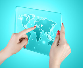 woman hand touch world map and connection
