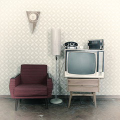 Vintage room with wallpaper, old fashioned armchair, retro tv, p