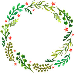 Fototapeta na wymiar Natural floral circle background with green leaves and red stars