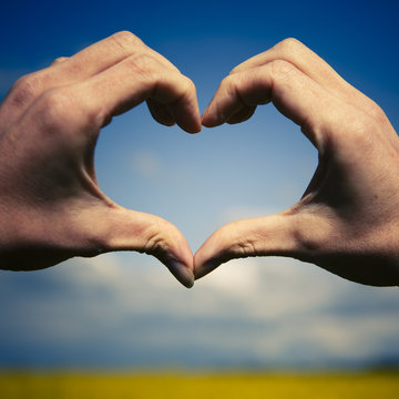 Love shape hands - heart on yellow field and blue sky