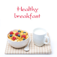 corn flakes with berries and milk, isolated