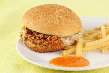 Close up crisp chicken burger with french fried