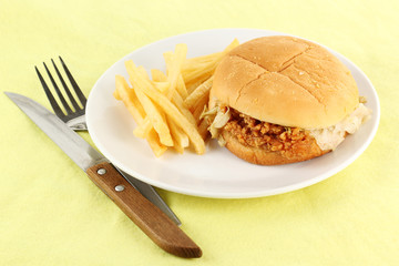 Close up crisp chicken burger with french fried