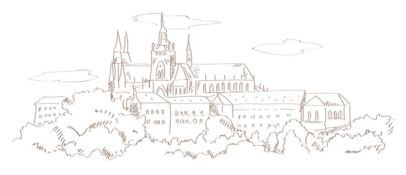 view on Prague and St. Vitus cathedral hand drawing style vector