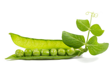 Fresh peas with green leaf isolated on white background